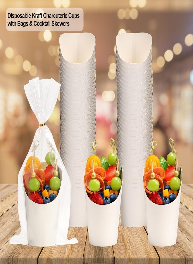 WixiTool 60 Sets Disposable Charcuterie Cups with Sticks and Bags, 14 oz White Kraft Paper Snack Boxes Appetizers Cup French Fry Holder with Cocktail Skewers Toothpicks Tooth Picks(60 Cups+60 Bags+200 Sticks) - Image 3